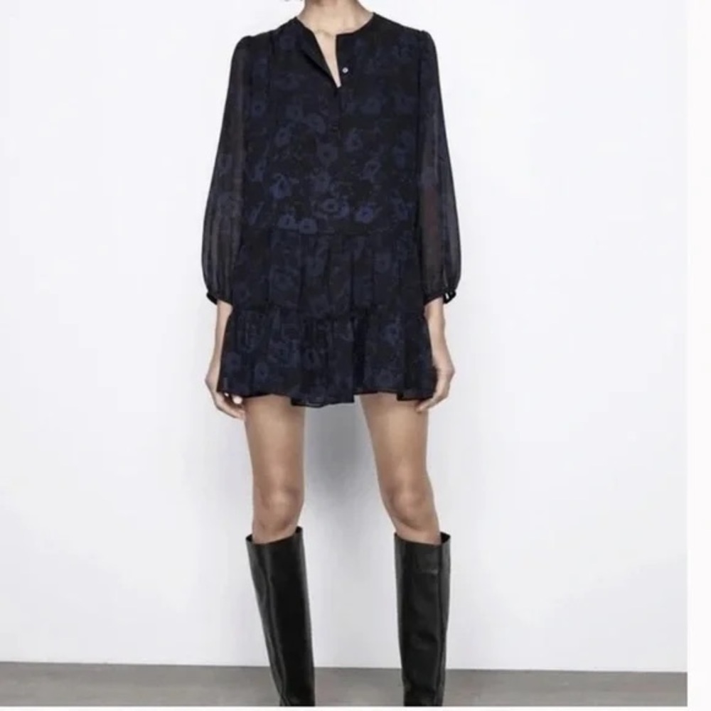 NWT ZARA Tiered Floral Textured Longsleeve Mini Dress Split Neck Black Blue XS